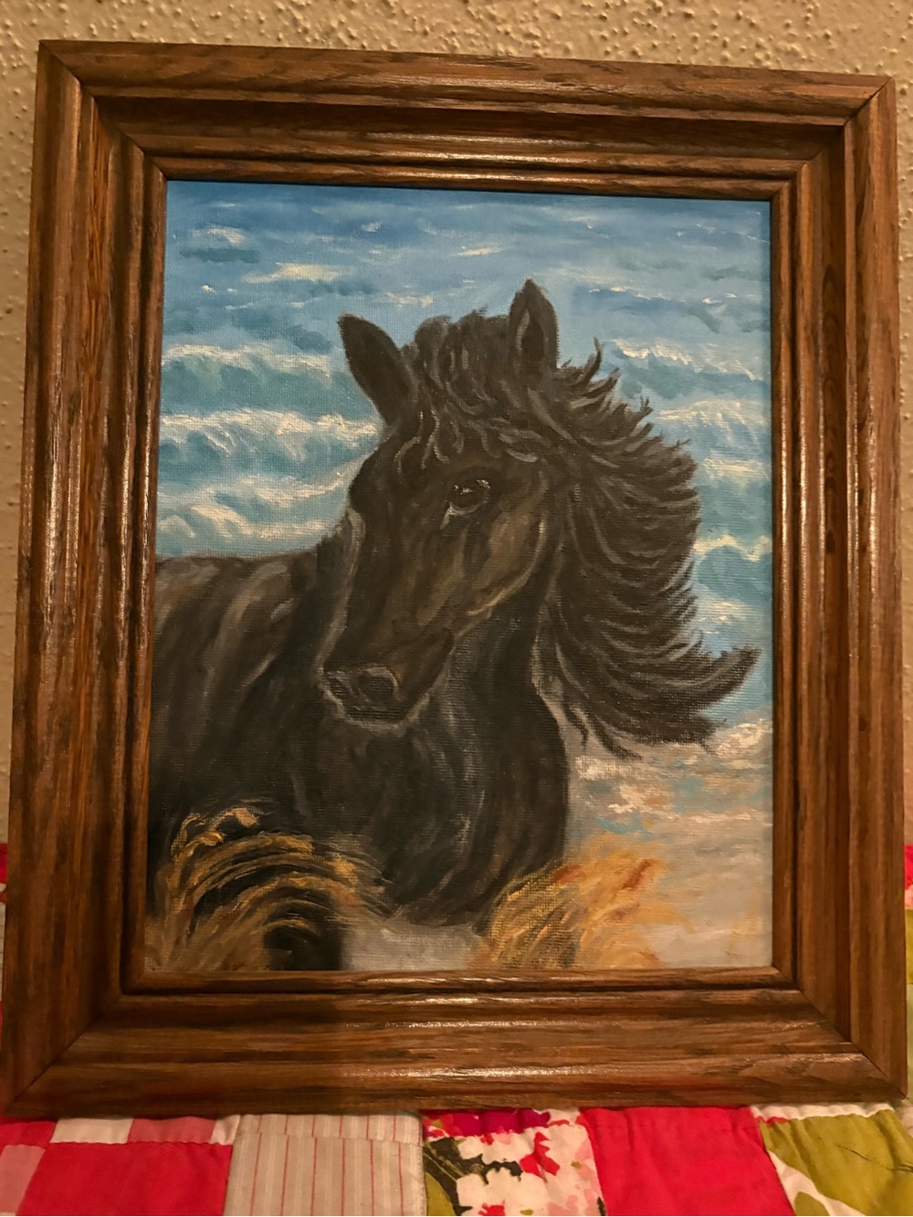Framed Black Horse Beach Art Original Oil Painting- Coastal Wall Decor